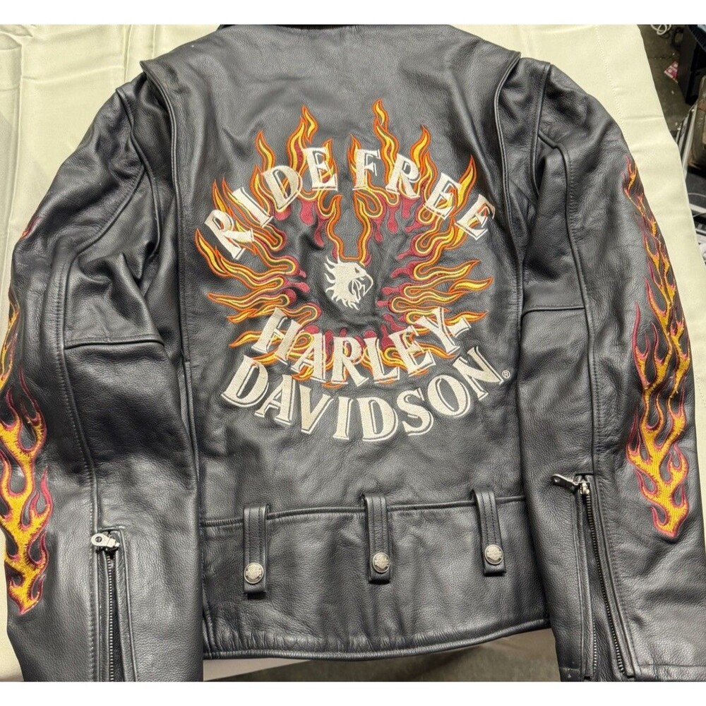 Y2K 2003 Harley Davidson Ride Free Leather Jacket Flame Skull Embroidered Sz. L